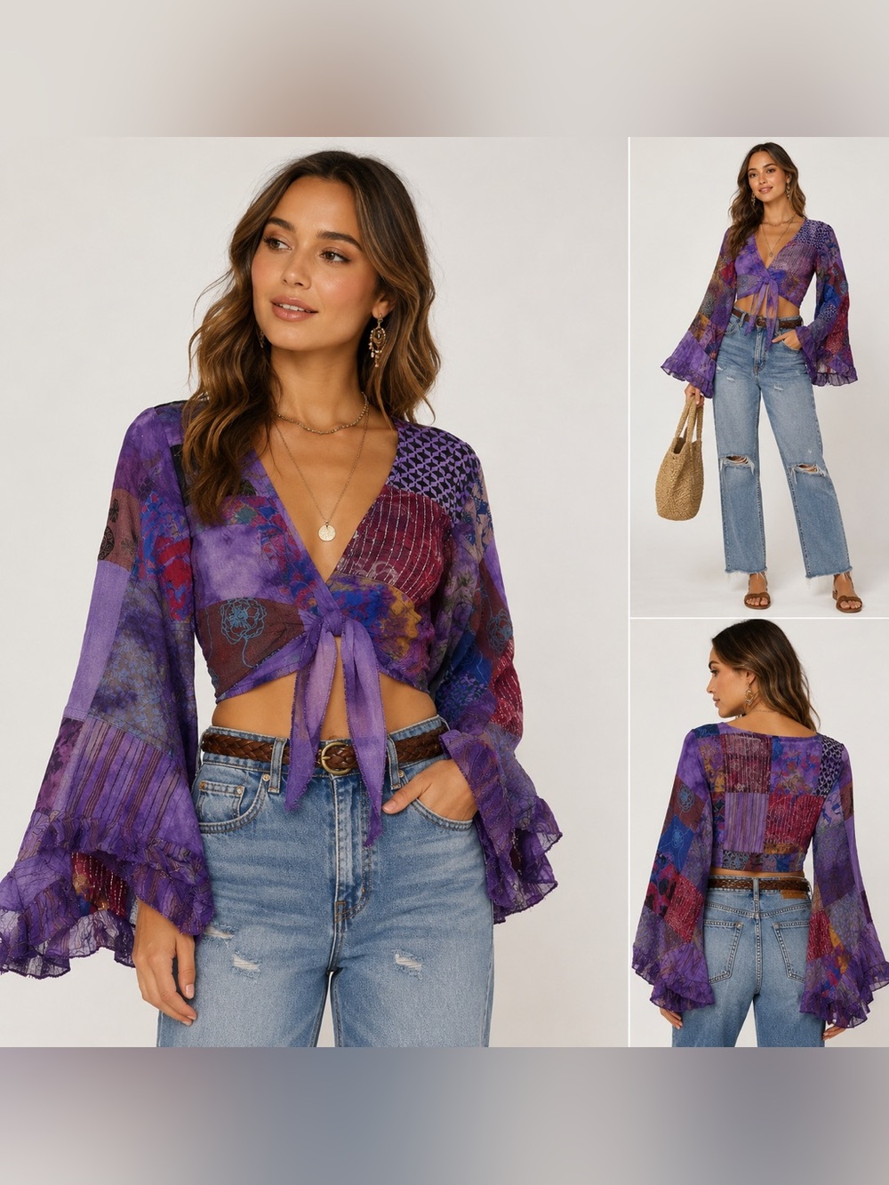 NWT Kathmandu Imports Handmade Patchwork Bell Sleeve Tie Front Boho Crop Top S